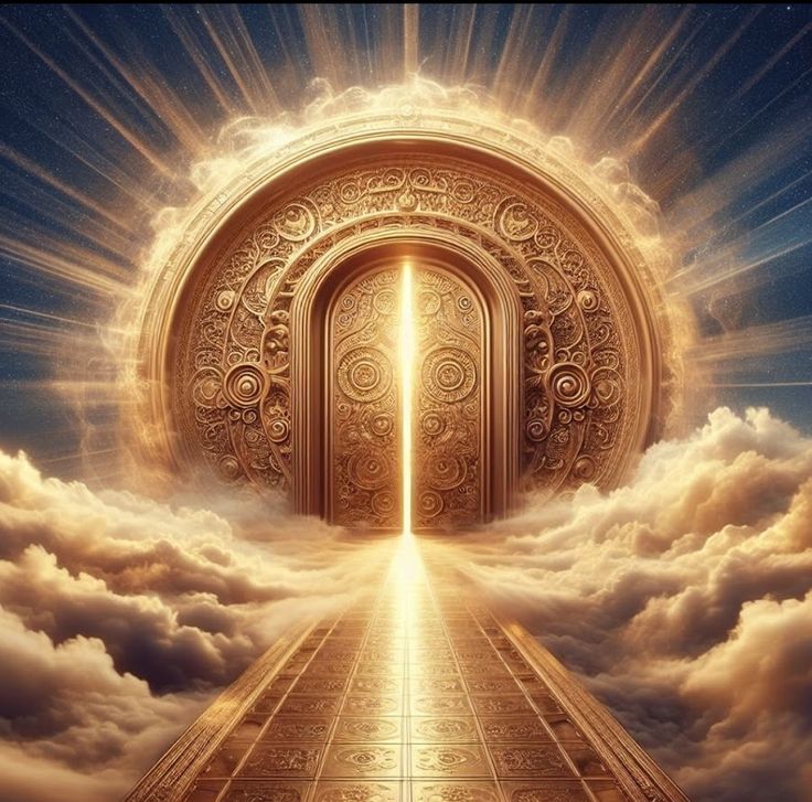 Porte d'or sacrée irradiant de lumière au bout d'un chemin pavé traversant les nuées