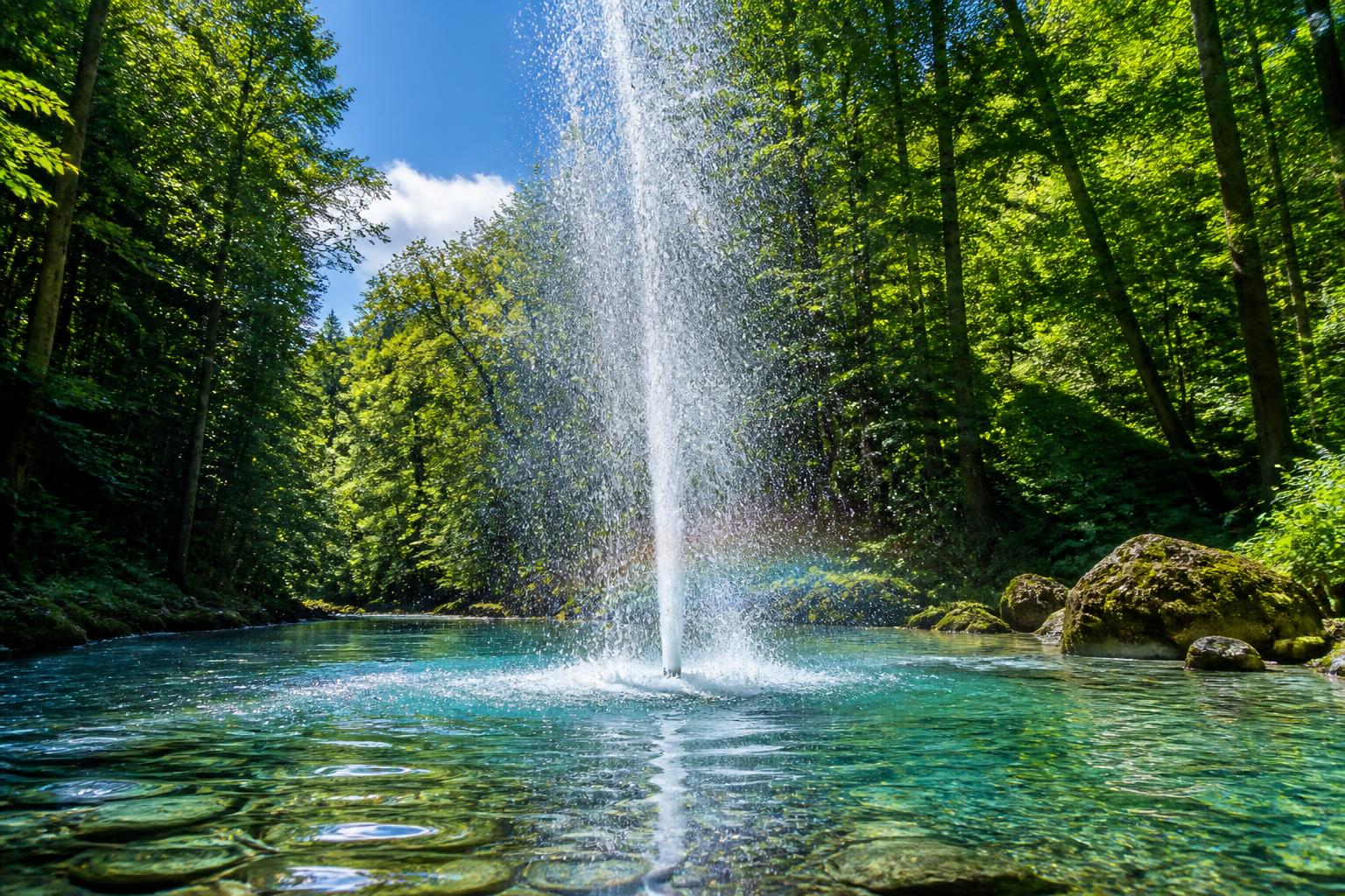 Rivière claire en forêt d'où s'élève une haute colonne d'eau irisée