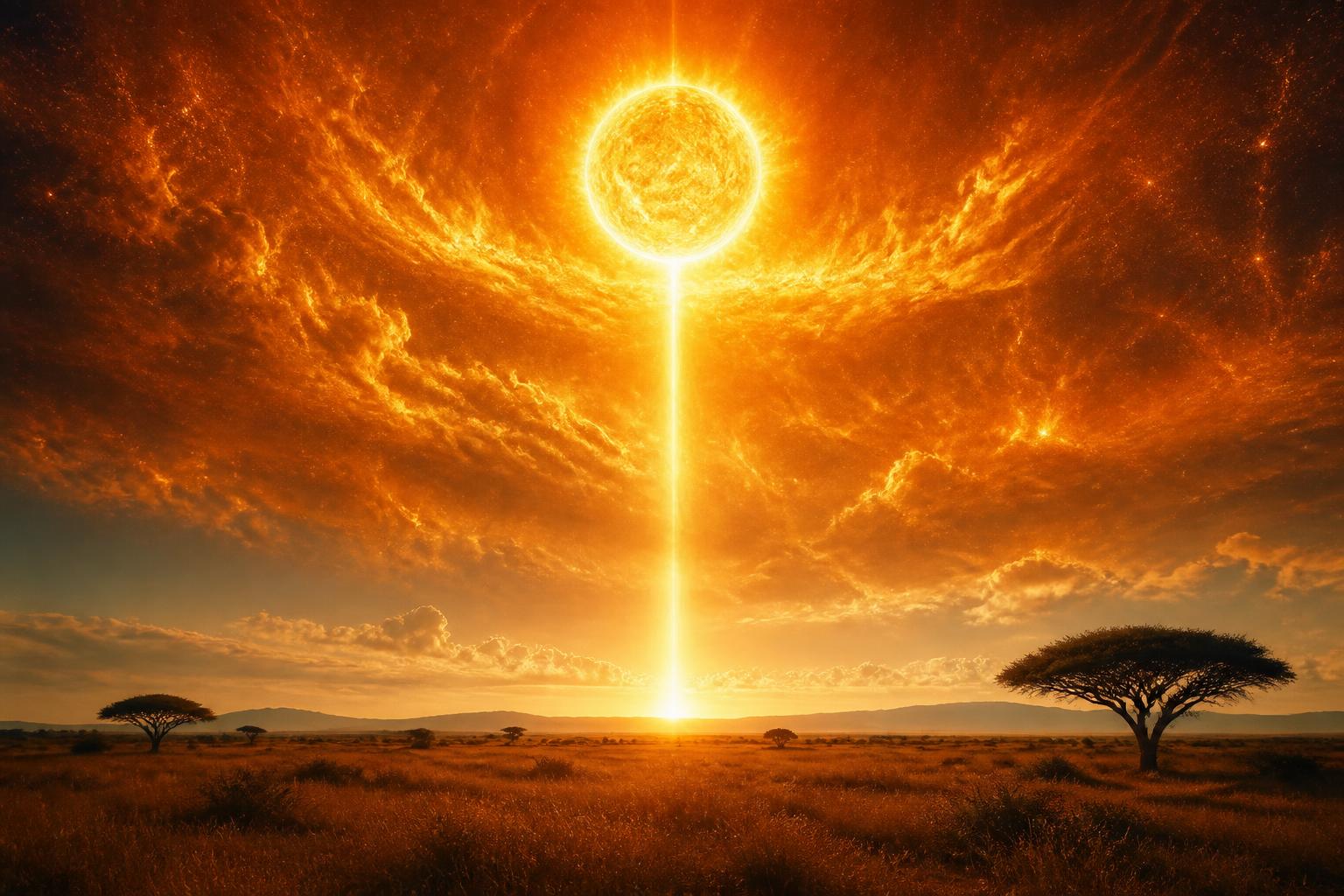 Soleil rayonnant au-dessus d'une savane, colonne de lumière descendant jusqu'à la terre