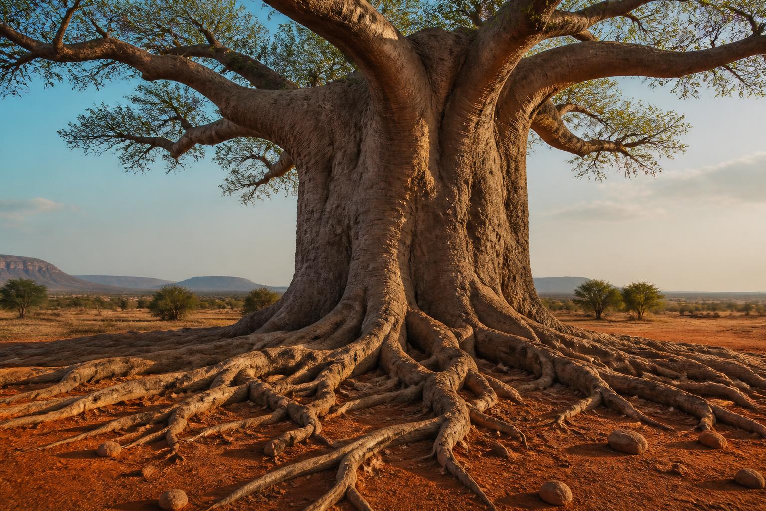 Baobab immense aux racines déployées sur une terre ocre, en pleine lumière du jour